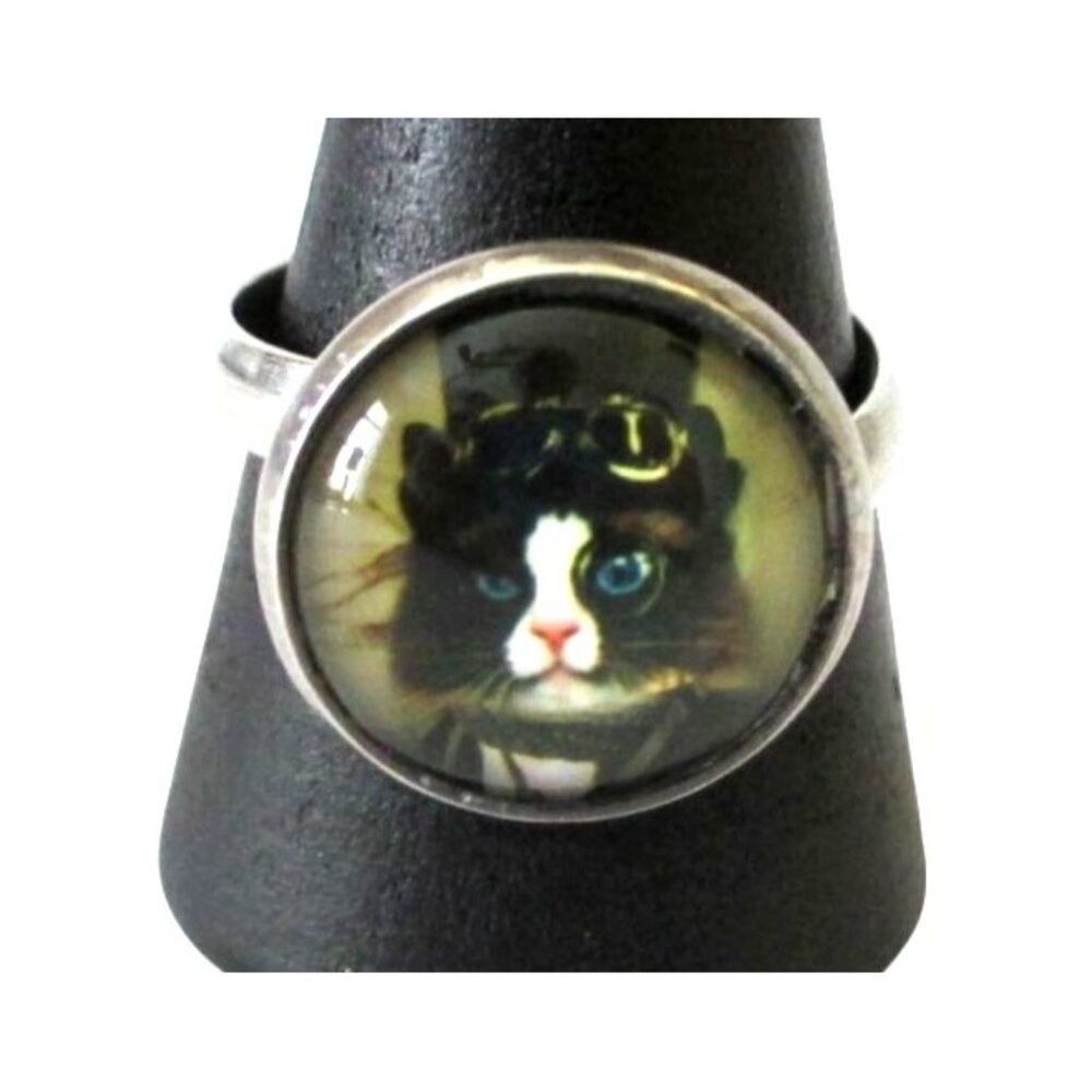 New Steampunk Tuxedo Cat Glass Dome Stainless Ring Size 8 - Animal Lover Jewelry